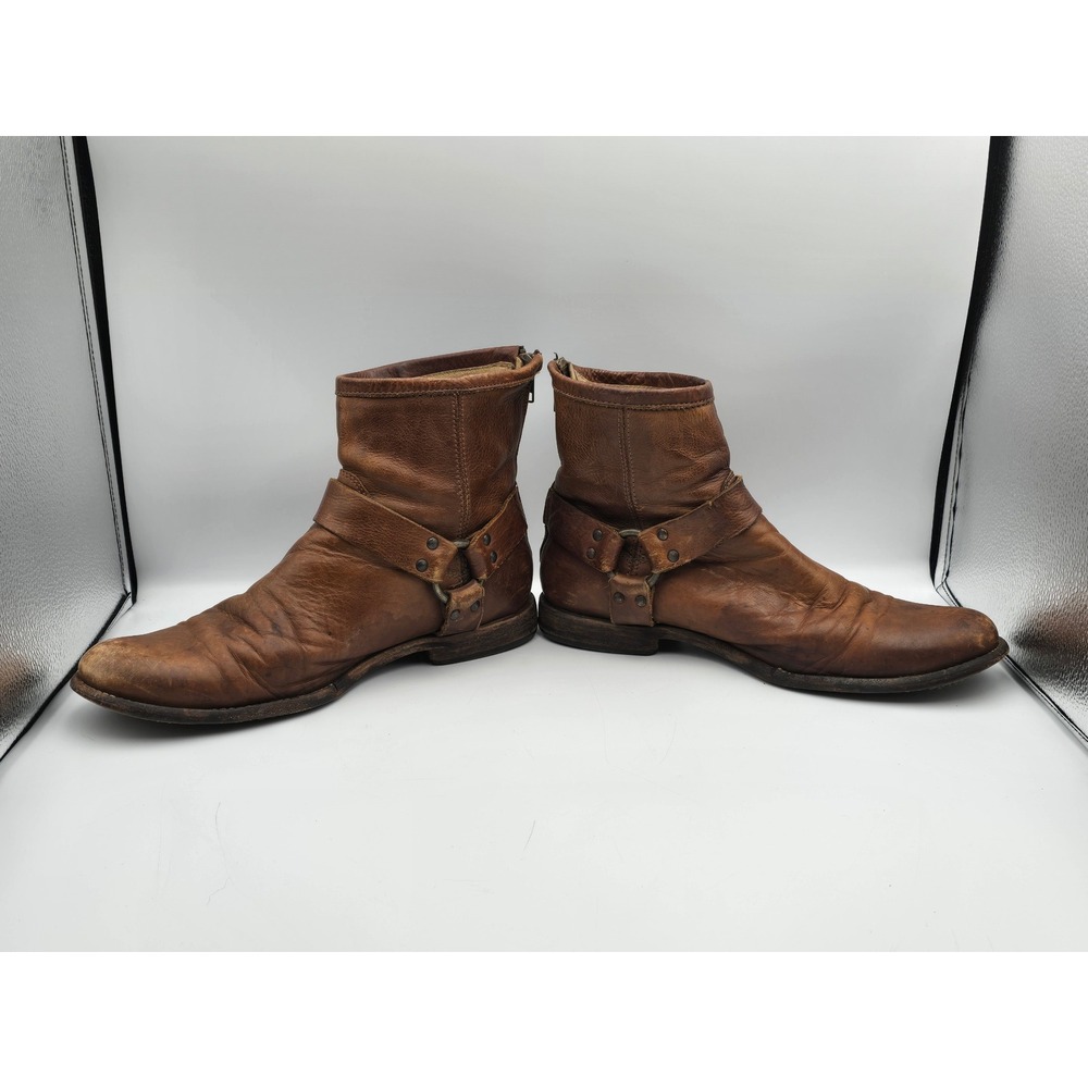 Frye Harness Boots Men 8.5 Brown Fair Leather Ankle Zip Moto 87870 4001